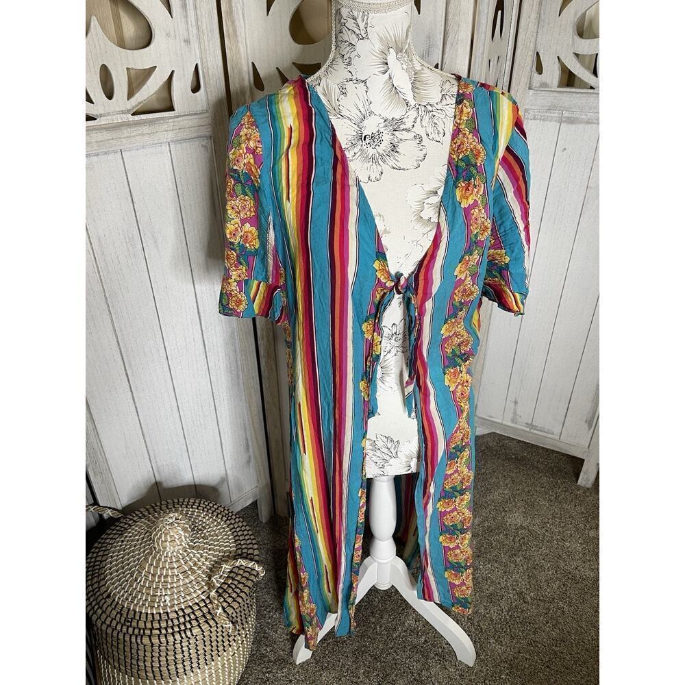 Roper Duster Long Top Rainbow Floral Colorful Size XL